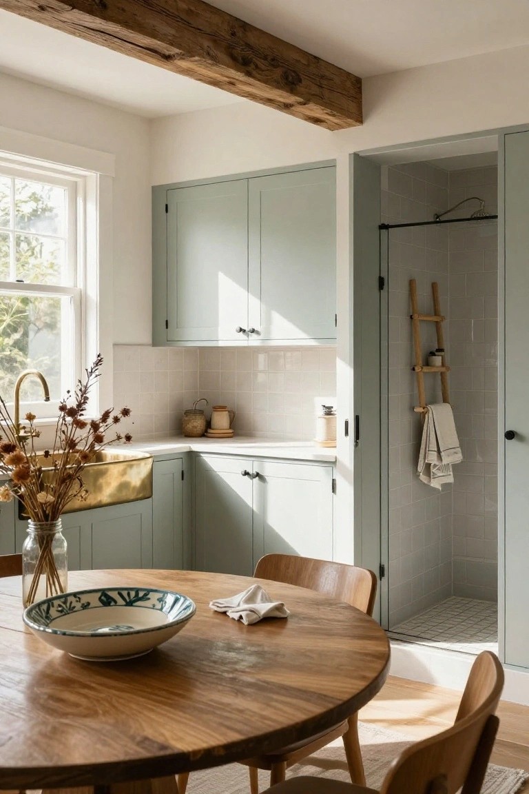 Compact kitchen interior with sage green cabinets, brass farmhouse sink holding dried flowers in a jar, round wooden dining table with blue and white bowl, exposed beam ceiling, and open doorway to a tiled shower room with bamboo ladder towel rack.