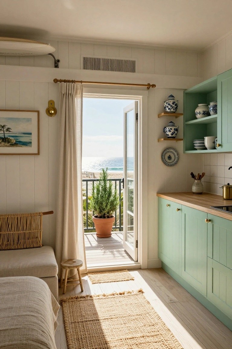 Small studio apartment interior featuring sage green kitchen cabinets with wooden countertops, open balcony doors showing ocean view, rattan chair and stool, bed with linen bedding, and seagrass rug on light wood floors.