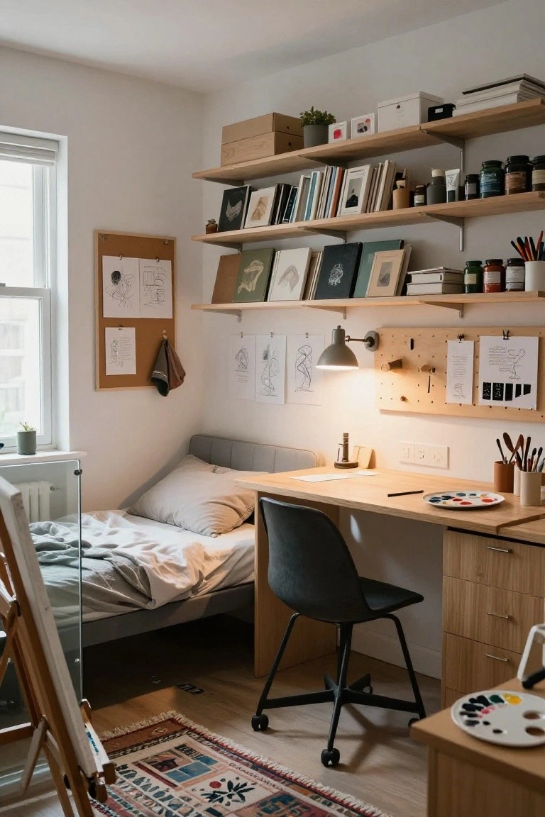 Small studio apartment interior with gray bed frame, wooden desk and chair, extensive oak wall shelves holding books art supplies jars and plants, pegboard wall with tools and papers, desk lamp, easel, and window with blinds.