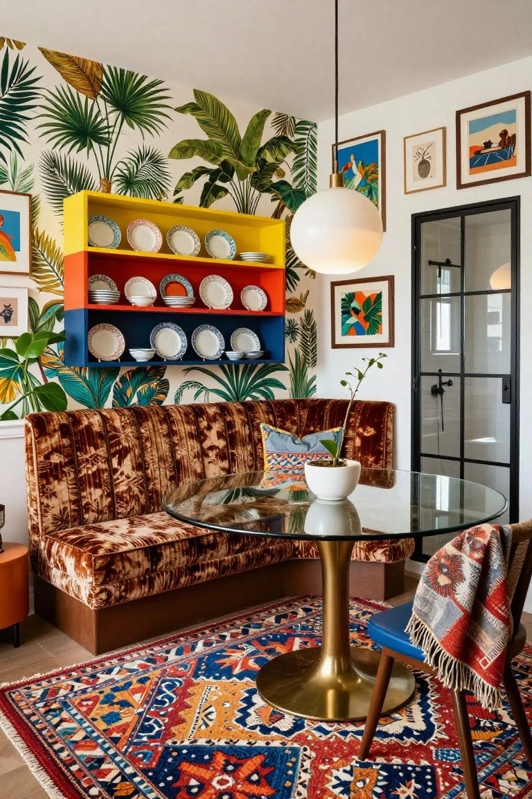 Small indoor dining nook with green banana leaf wallpaper on walls, multicolored open shelves displaying white plates, brown velvet banquette seating, round glass table on brass pedestal base, blue chair, colorful rug, and pendant light.
