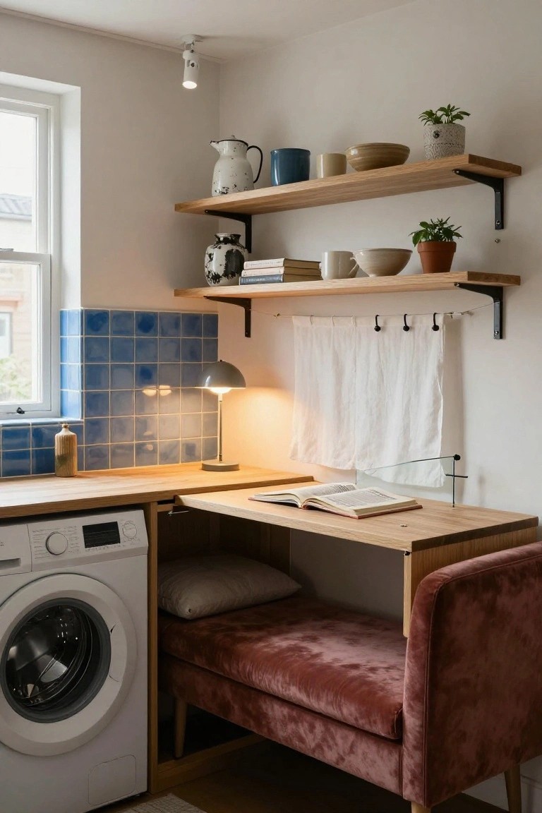 Compact kitchen corner with white front-loading washer beside wooden cabinet holding pink velvet bench below and fold-down oak desk above, blue tiled backsplash, desk lamp, and open shelves with pottery.