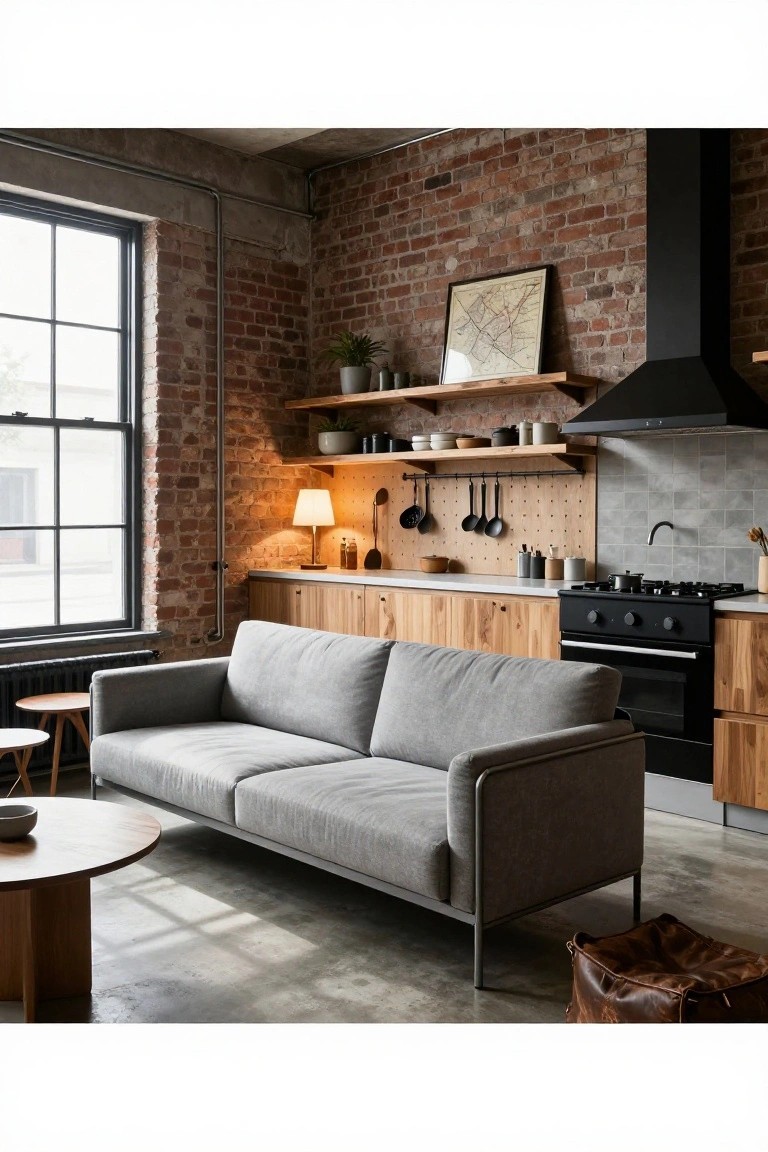 Loft-style tiny studio apartment interior with red exposed brick wall, wooden base cabinets, gray countertop and backsplash, black range hood, gas cooktop, and gray sofa on concrete floor.