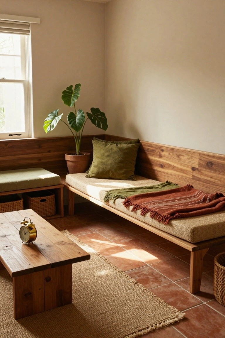 Bedroom corner with wooden paneled walls and built-in daybed bench topped by beige cushions, green pillows, and orange-green throw, next to monstera plant in terracotta pot, low wooden table with brass alarm clock, seagrass rug on terracotta tile floor.