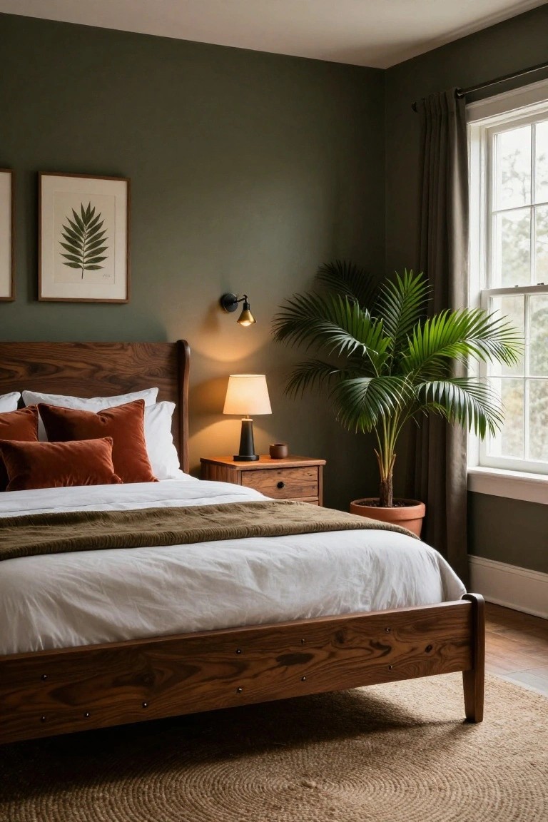 Bedroom with deep green walls, wooden bed frame, white bedding accented by rust pillows, wooden nightstand with lamp and mug, tall potted palm plant by window with gray curtains, and framed leaf prints on wall.