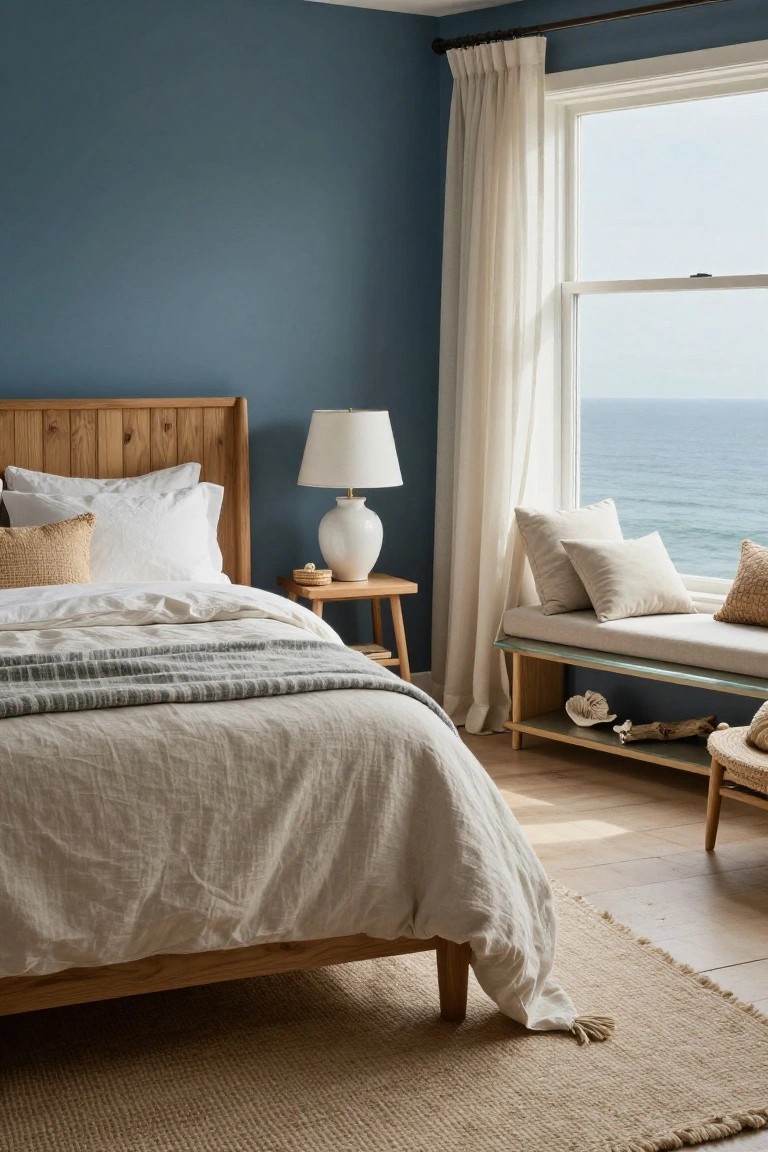 Bedroom with deep navy blue walls, wooden bed frame with white linen bedding and beige throw, wooden nightstand holding white lamp and vase, window seat with cushions overlooking ocean, seagrass rug on light wood floor.