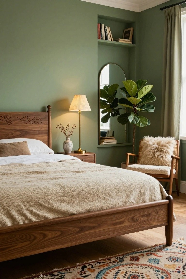 Bedroom with sage green walls, carved walnut wood bed frame with beige bedding, bedside lamp and vase, gold mirror, fiddle leaf fig plant, rattan chair with fur cushion, bookshelves, and patterned rug on wood floors.