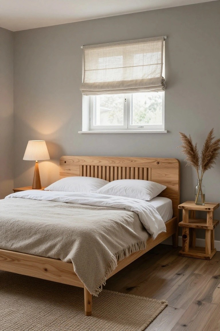 Light gray bedroom with wooden bed frame, white pillows and duvet, beige throw, pampas grass in glass vase on wooden nightstand, table lamp, linen shade on window, wooden floor, and beige rug.