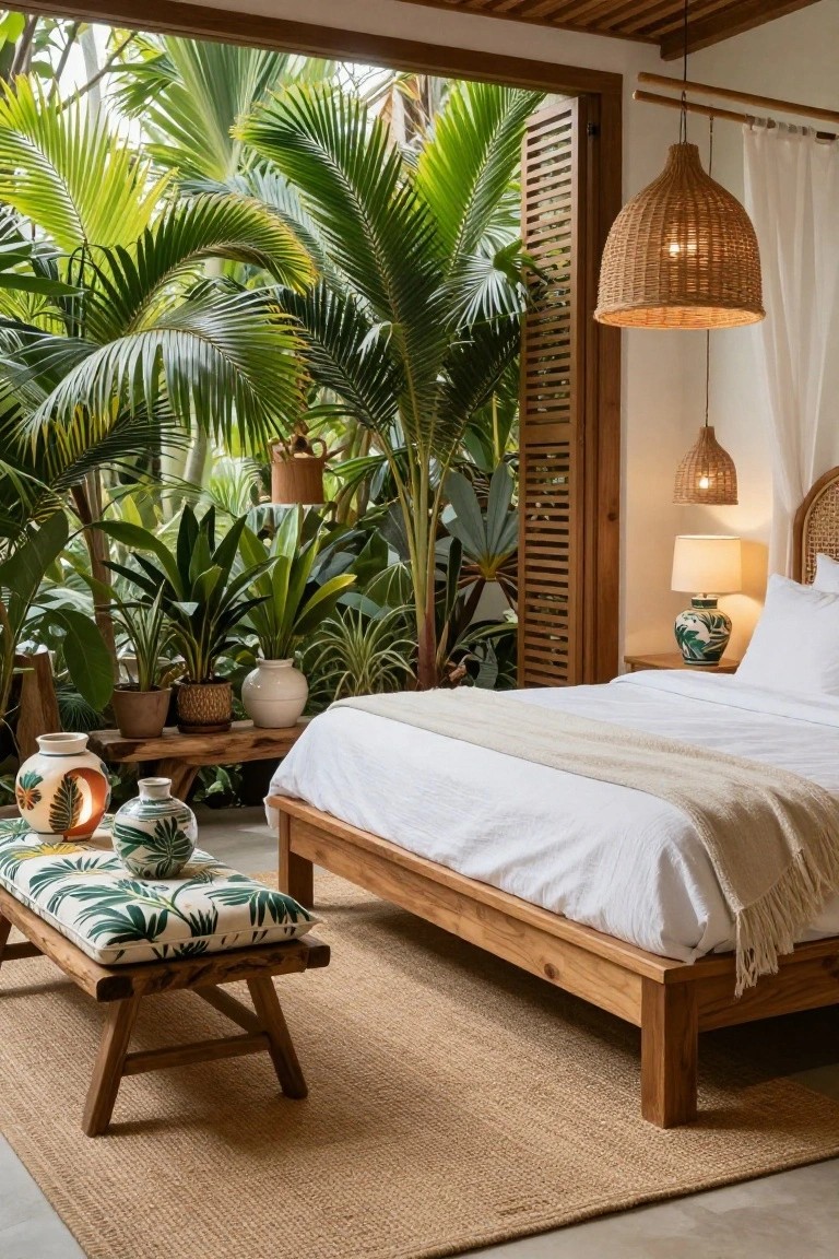 Bedroom with low wooden platform bed covered in white sheets and beige throw, flanked by potted plants in ceramic pots, wooden bench with green cushion, rattan lamps, and open louvered shutters showing tropical palms outside.