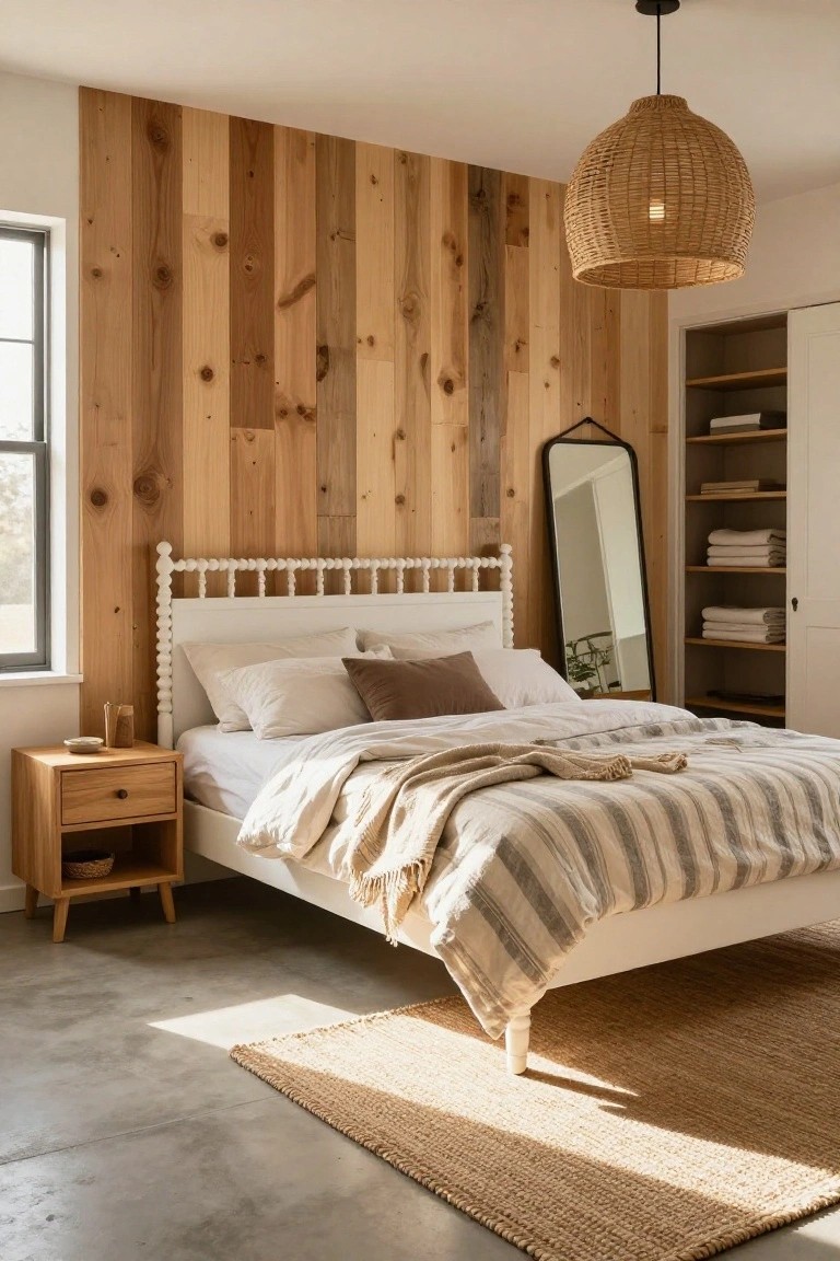 Bedroom interior featuring a vertical light wood plank accent wall behind a white bobble headboard bed with beige pillows and striped linens, wood nightstand, full-length black mirror, built-in shelves with towels, rattan pendant light, seagrass rug on polished concrete floor, and window with natural light.