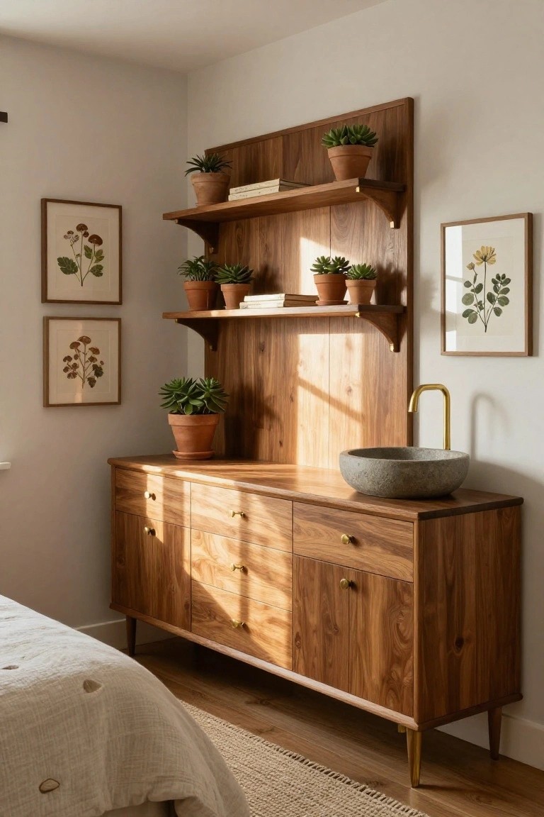 Wood Vanity with Plant Shelves