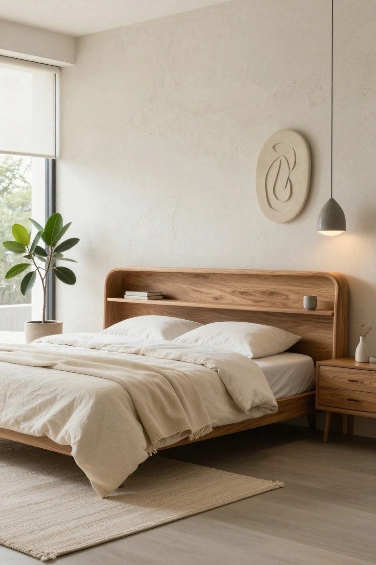 A bedroom with a curved oak bed frame featuring a built-in headboard shelf holding books and a mug, white bedding, potted ficus plant by the window, nightstand, and neutral walls and rug.