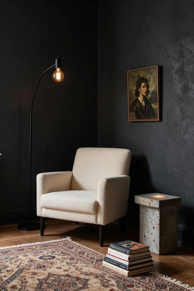 Dark-painted corner room with a cream bouclé armchair, black arc floor lamp with lit bulb overhead, concrete side table holding stacked books, Persian rug on wood floor, and framed portrait painting on wall.
