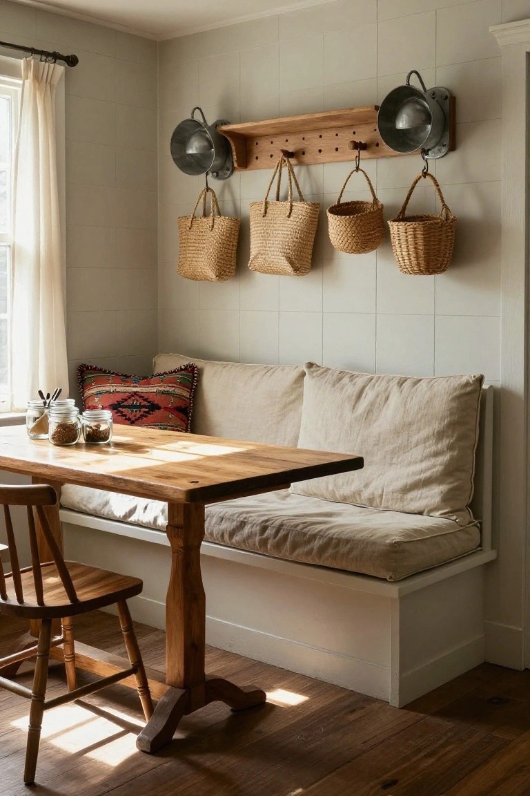 Light-filled indoor nook with white built-in bench seating topped by beige cushions and a red-patterned pillow, wooden table holding glass jars, wooden chair, and woven baskets hanging from wooden rack on tiled wall.