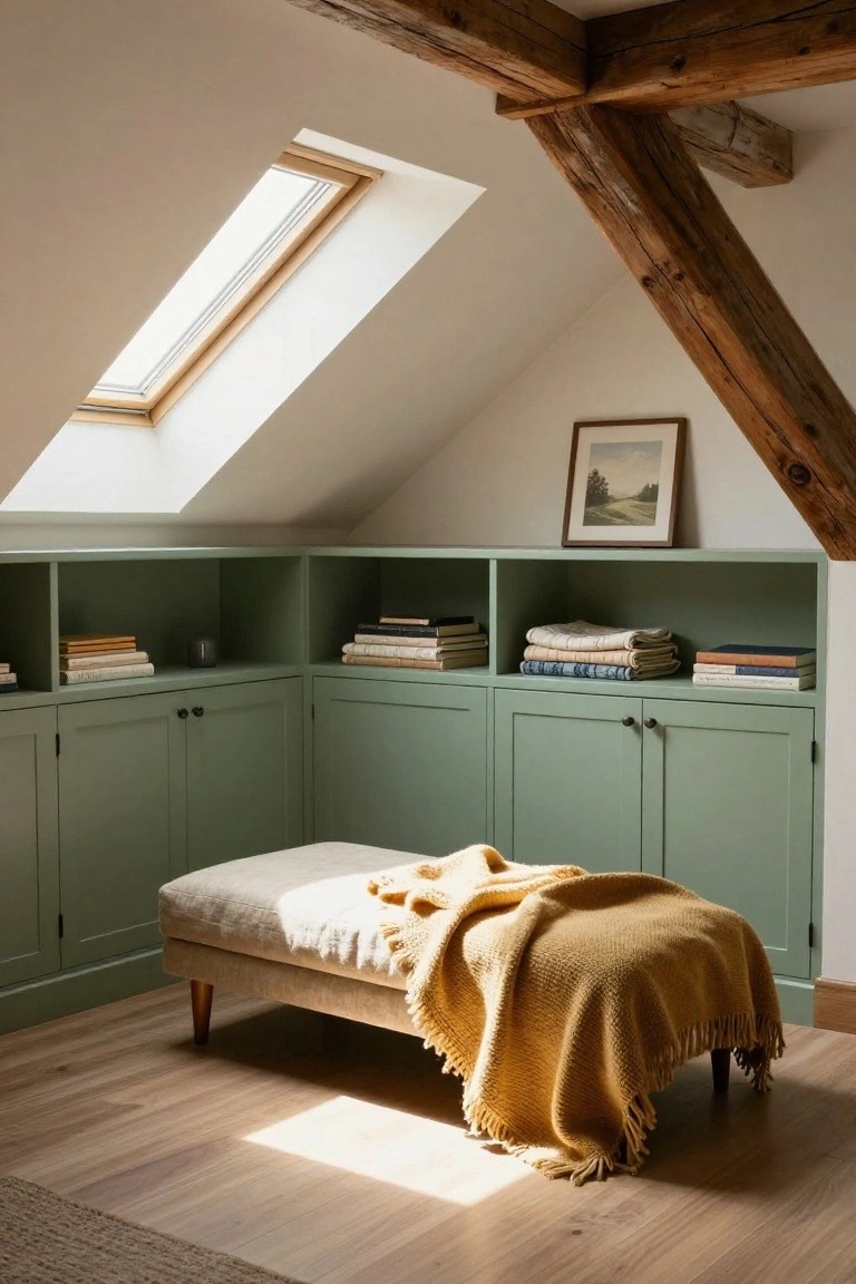 Attic corner with sage green built-in open shelves stocked with books and linens, closed cabinets below, beige cushioned bench with wooden legs draped in yellow fringed blanket, wooden beams and skylight above, wooden floor.