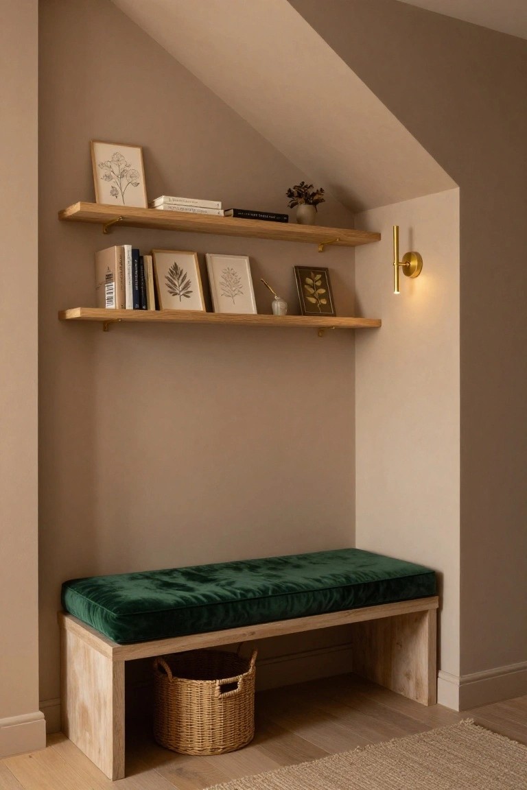 Beige corner interior with sloped ceiling featuring two floating oak shelves holding books, framed botanical prints, plants, and ceramics above a raw wood bench with green velvet cushion and wicker basket underneath on wood floor.