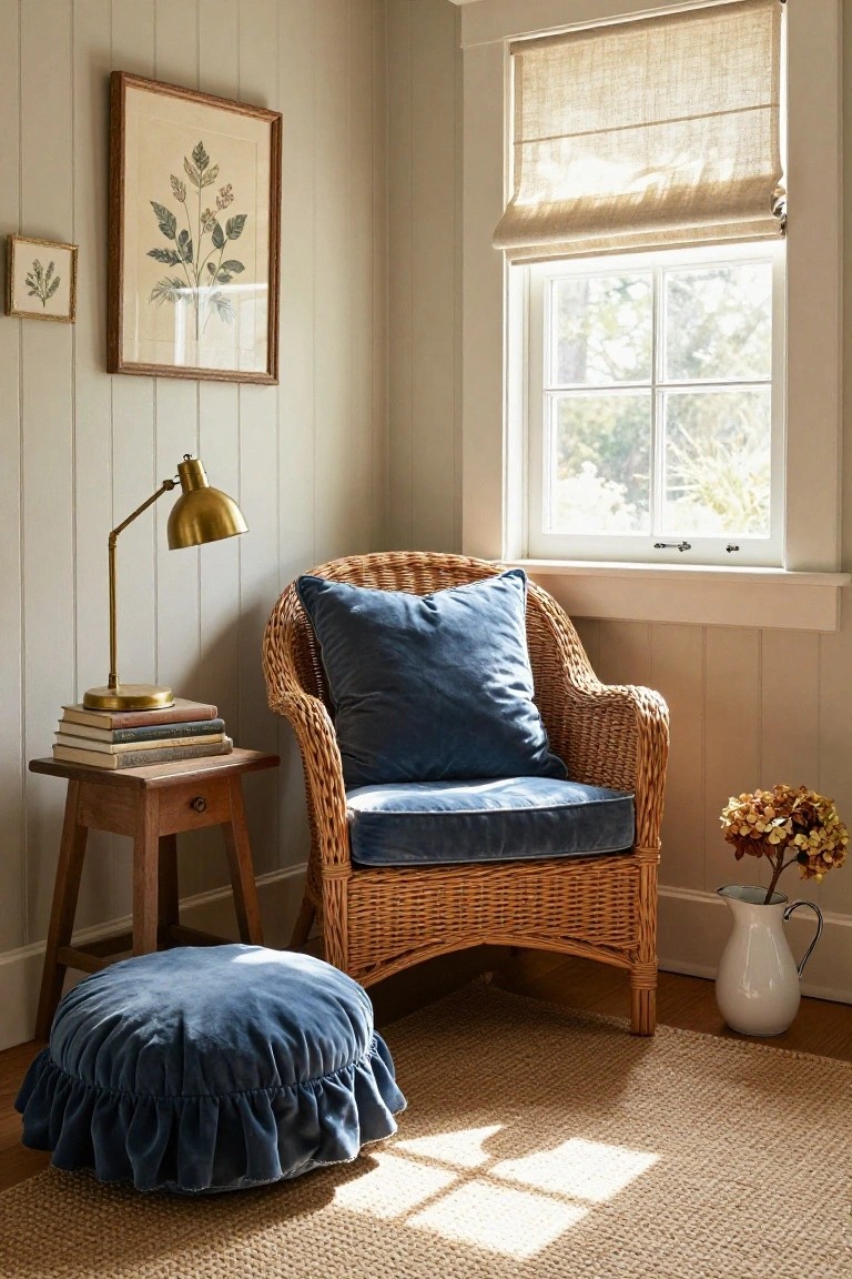 Corner of a light paneled room with wicker armchair in blue velvet cushions, matching ruffled footstool, wooden side table holding brass lamp and stacked books, window with linen roman shade, small botanical prints on wall, and white pitcher with dried flowers on floor.