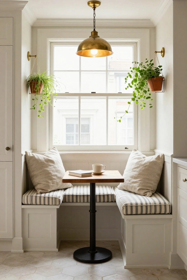 Cozy kitchen nook with striped cushions, a wooden table, plants, and warm lighting.