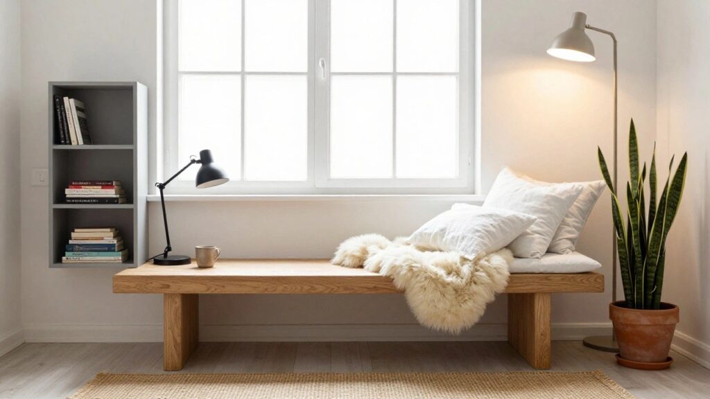 Indoor reading nook with wooden bench under a large window seat, topped with white cushions and sheepskin throw, next to gray bookshelves, potted snake plant, desk lamp, and mug on windowsill.