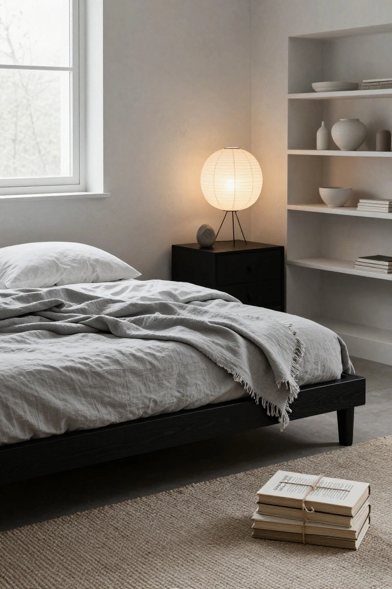 Cozy bedroom with a gray bedspread, a lantern, and neatly stacked books.