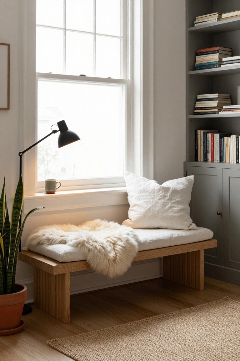 Indoor reading nook with wooden bench under a large window seat, topped with white cushions and sheepskin throw, next to gray bookshelves, potted snake plant, desk lamp, and mug on windowsill.