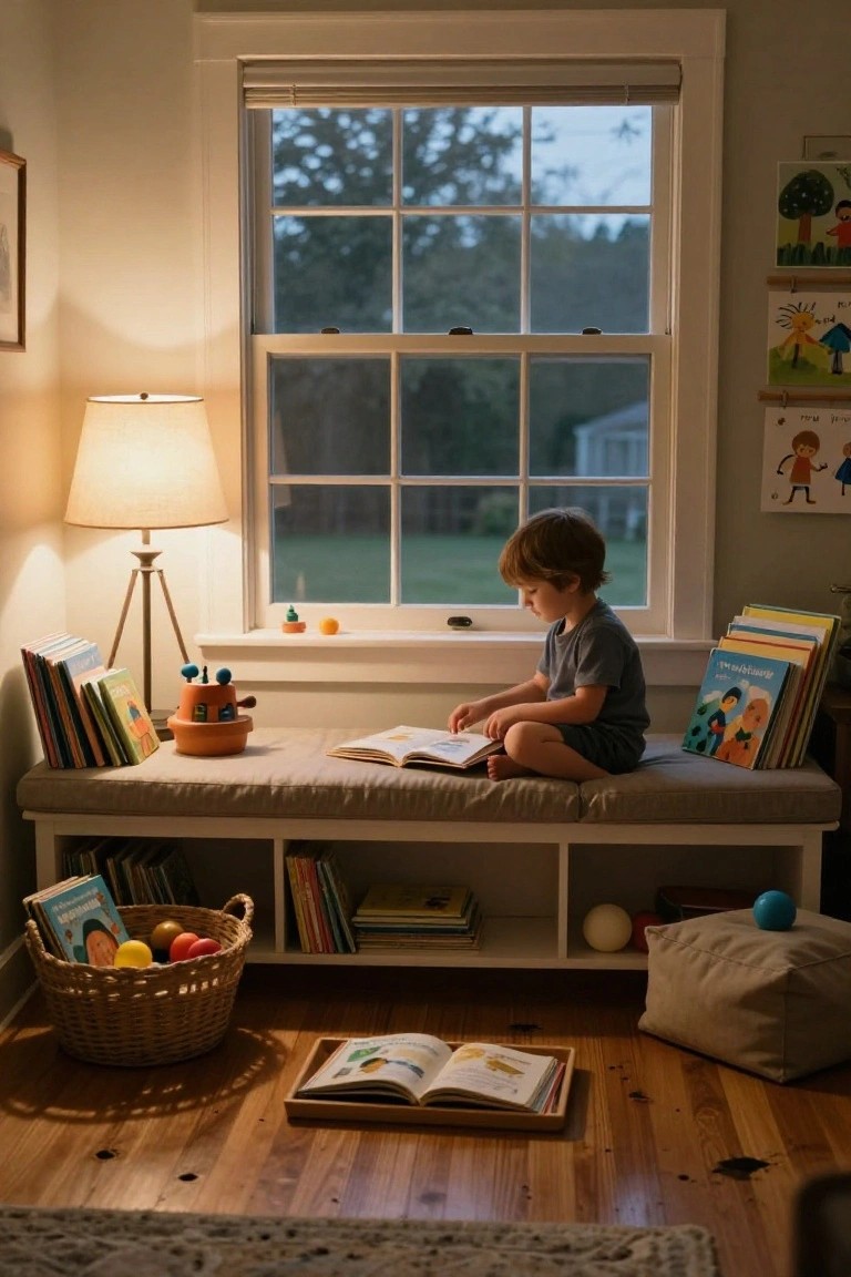 A young boy in gray pajamas sits on a cushioned window seat reading a book, with built-in bookshelves below holding children's books and toys nearby in a softly lit bedroom.