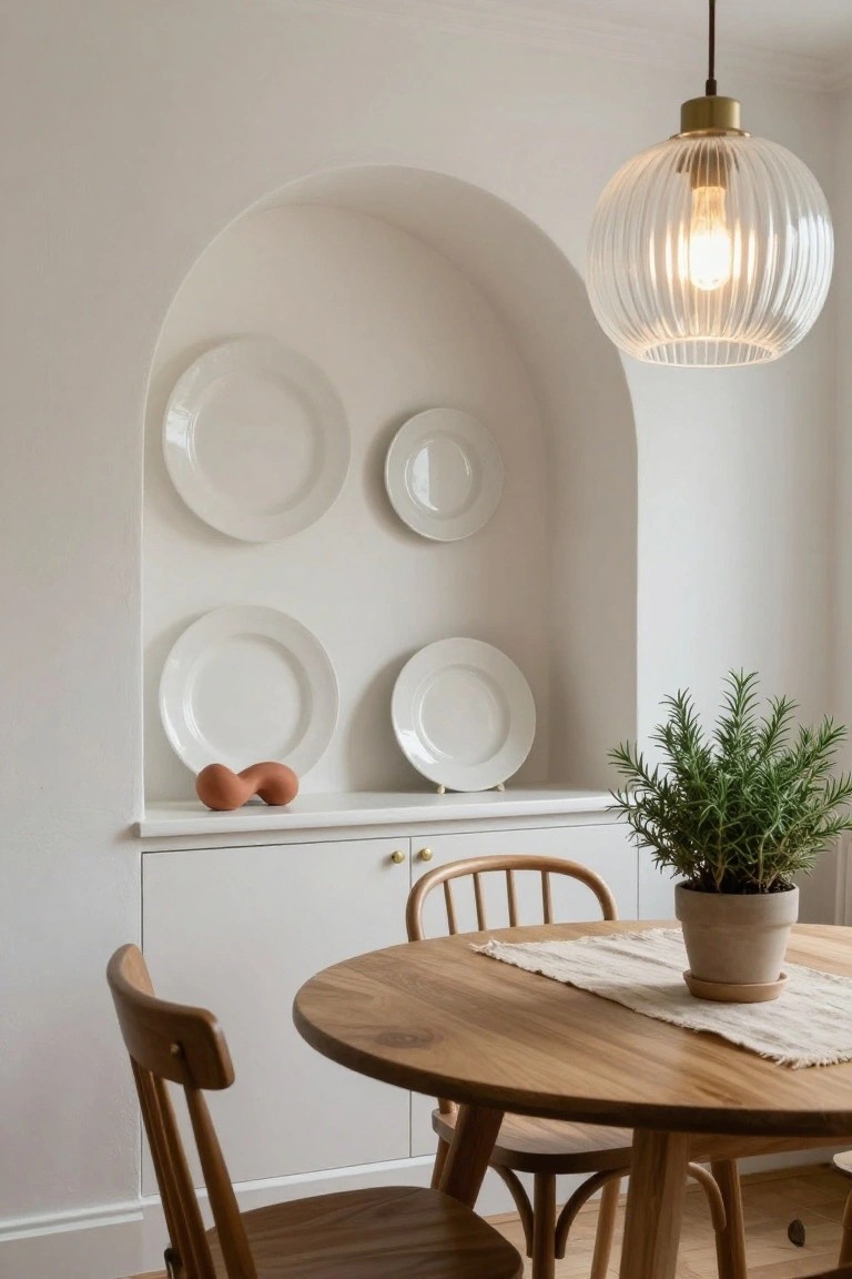White arched wall niche displaying stacked white plates and a terracotta sculpture on a shelf, above a round wooden dining table with wooden chairs, a potted rosemary plant, and glass pendant light in a light interior.