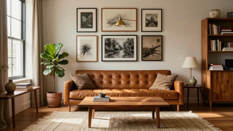 Renter-friendly apartment wall with shelves and framed art