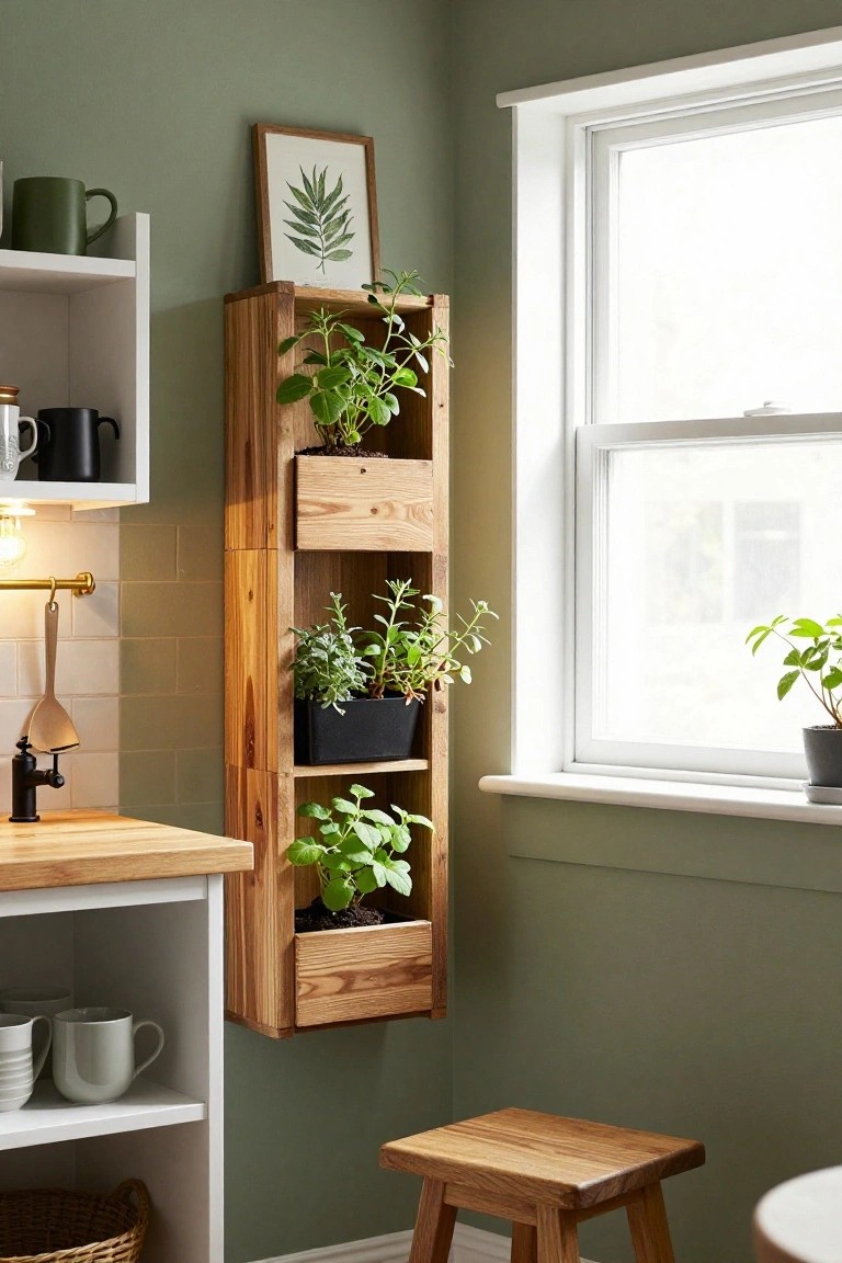 Tall wooden vertical planter shelf with potted herbs mounted on a sage green kitchen wall next to white cabinets, wooden countertop, sink, and window.