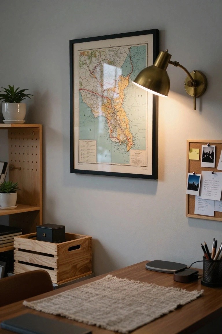 A home office corner with a large framed vintage map on the wall above a wooden desk, illuminated by a brass wall-mounted lamp, wooden shelves holding plants and crates, and a corkboard with notes nearby.