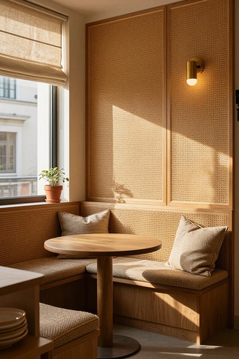 Cozy apartment nook with round wooden table, built-in bench seating in beige upholstery, rattan-woven wall panels, small potted plant on windowsill, linen blinds, and wall sconce.