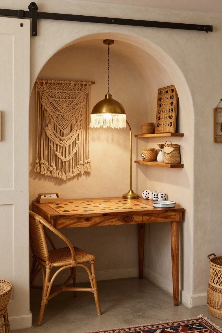 Arched interior nook with wooden desk featuring colorful game board surface, white dice, rattan chair, floating wooden shelves with baskets and vase, macrame wall hanging, gold-fringed lamp, and sliding barn door.