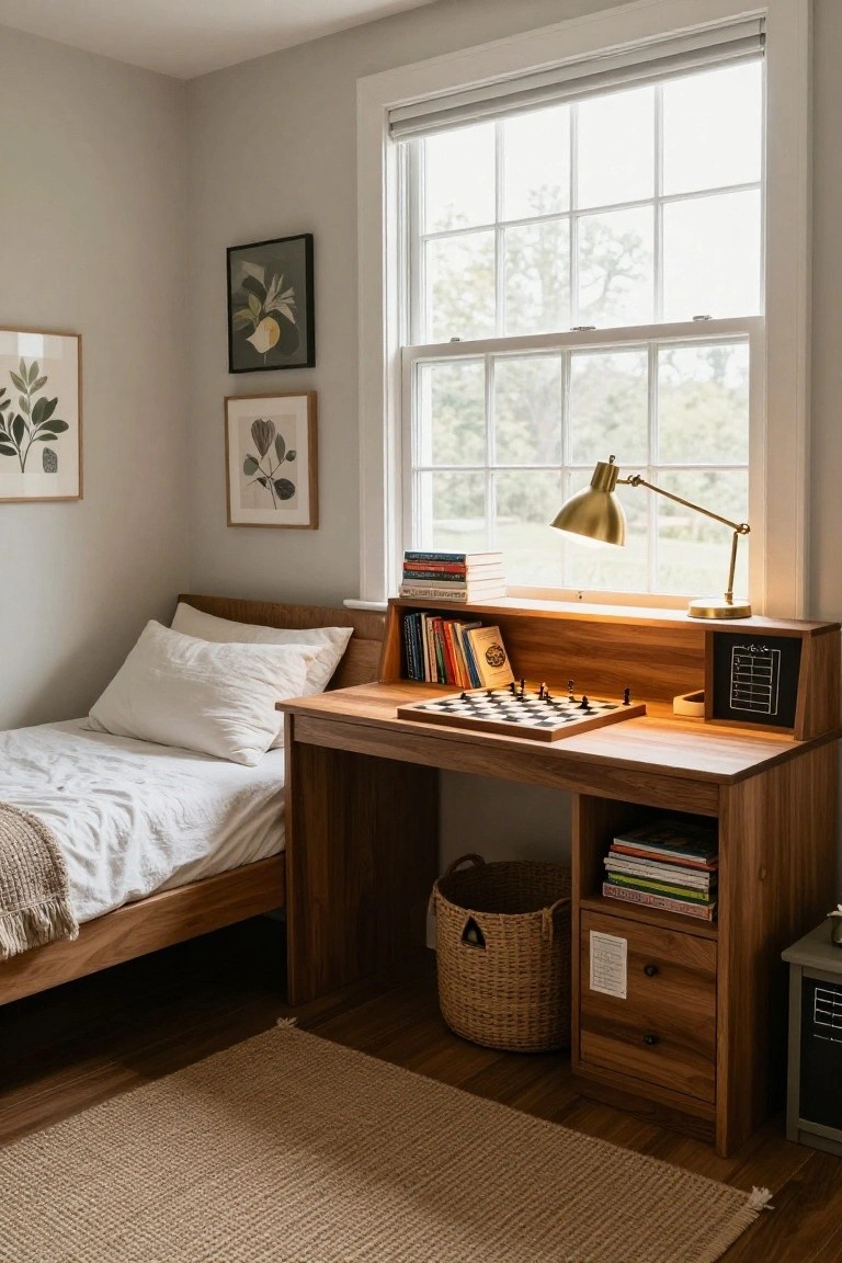 Cozy bedroom with a wooden desk topped by a chessboard, surrounded by books and a lamp, next to a single bed with white linens and a large window letting in natural light.