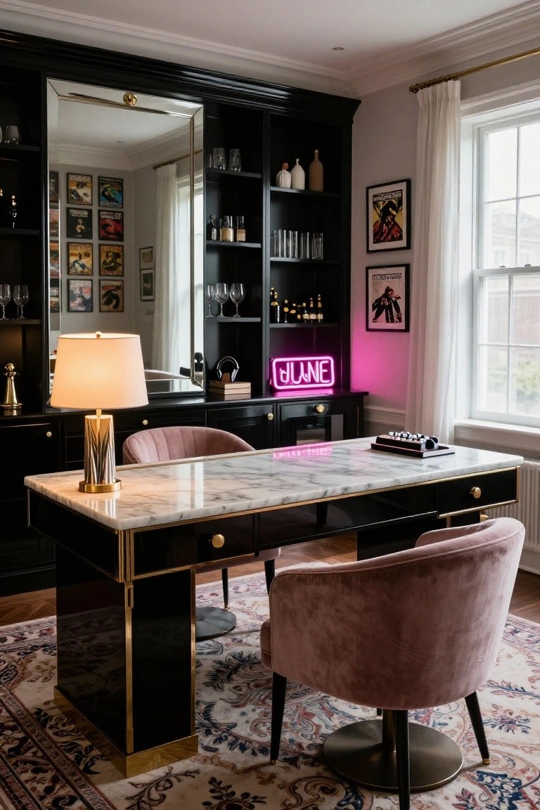 Home office interior with white marble-topped black lacquer desk accented in brass, pink velvet swivel chair, black bar cabinetry with glassware and neon 