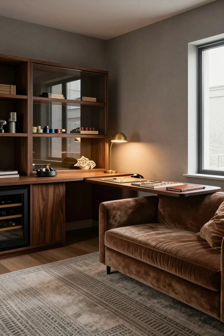 Contemporary interior with walnut built-in shelving and L-shaped desk extending to brown velvet sofa, gold lamp on desk, computer mouse, papers, decorative objects on shelves, gray walls, and large window.