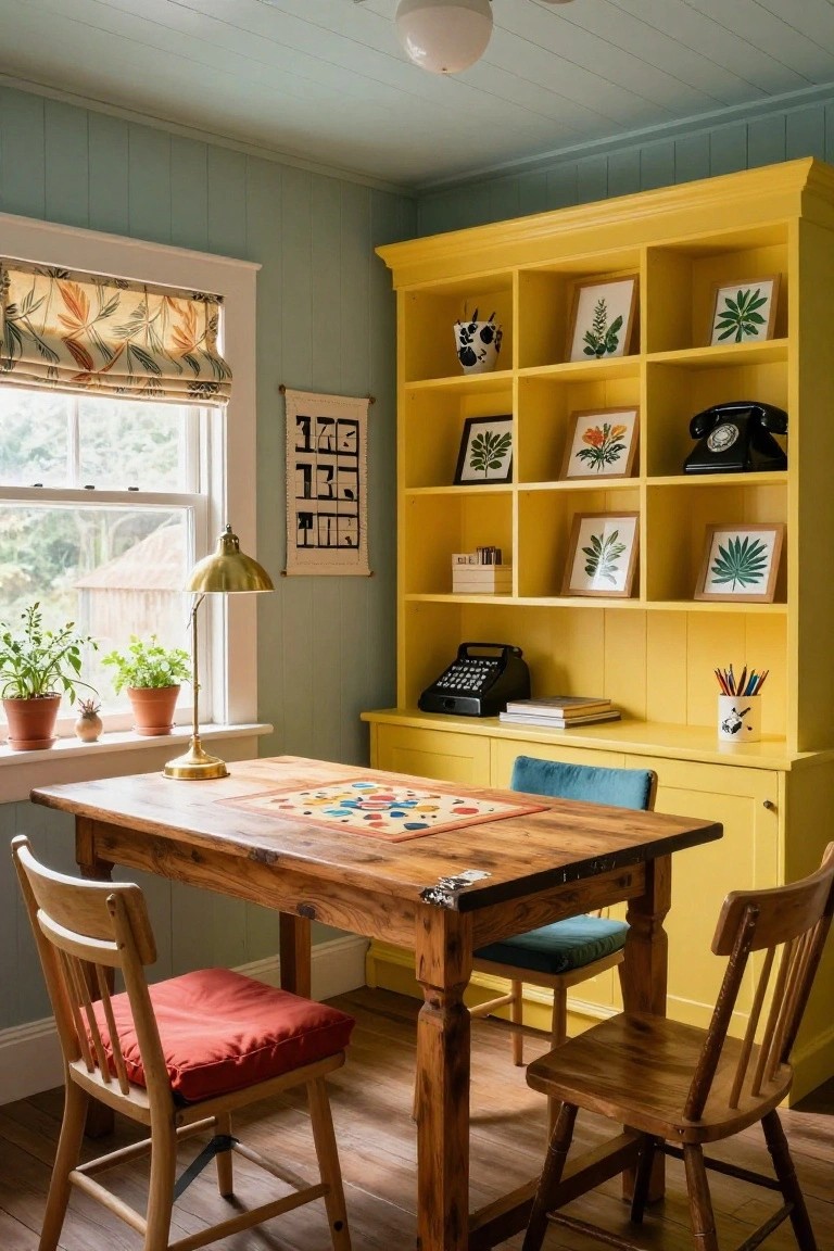 Light blue paneled room with tall yellow shelving unit stocked with plants in frames, vintage typewriter, black phone, and desk items, wooden table with colorful patterned mat and three wooden chairs, brass lamp, and potted plants by window.