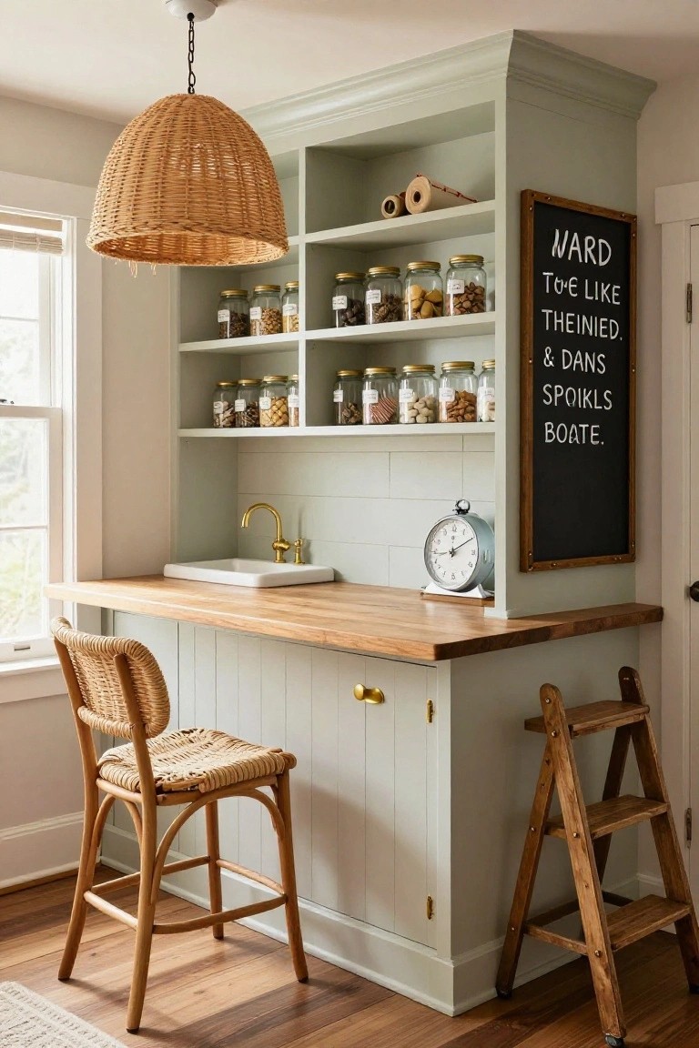 Sage green built-in cabinets with open shelves holding glass jars of snacks, wooden countertop with white sink, gold faucet, rattan stool, wooden step ladder, chalkboard sign, clock, and wicker pendant light in a white-walled room.