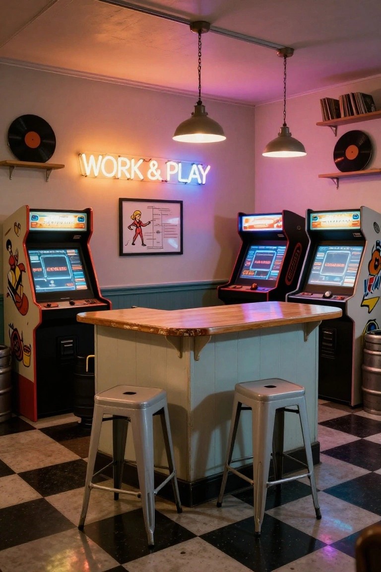 Indoor game room with two colorful arcade cabinets flanking a light wood-topped bar counter on a turquoise base, four metal stools, neon 