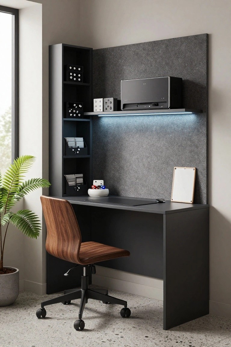Corner black desk unit with integrated tall shelving holding dice containers, electronics, and trays, wooden swivel chair, gray felt wall panel behind, potted plant, and window light in a modern room.