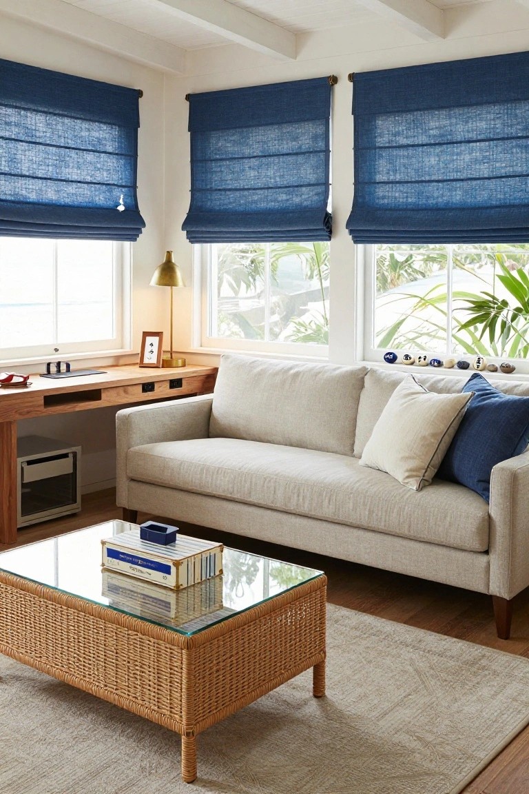 Indoor corner room featuring a wooden desk with outlets and accessories, adjacent beige sofa with blue and white pillows, glass-topped rattan coffee table on a light rug, blue linen roman shades on three windows overlooking tropical plants, and go game stones lined up on the windowsill.