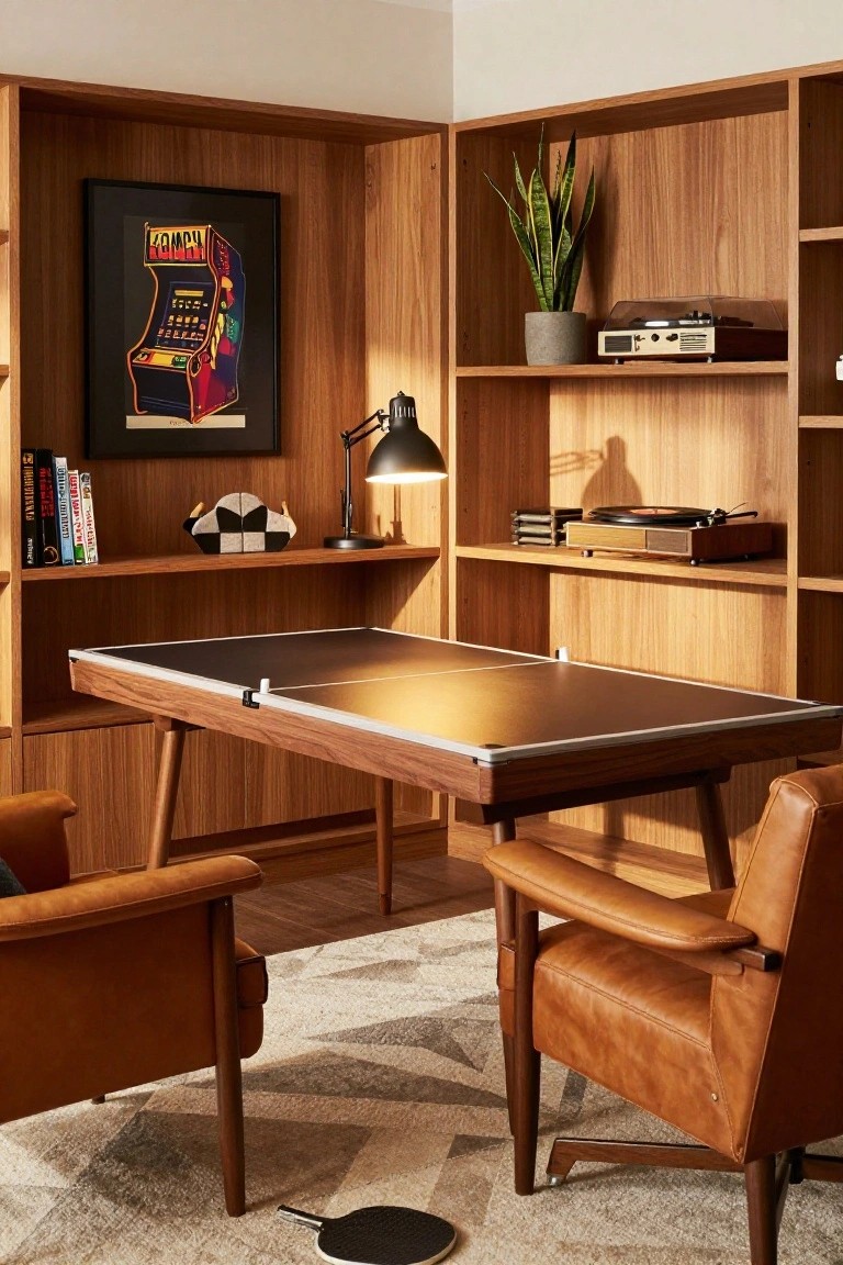 Wooden-paneled office room with a central desk converting to a ping pong table, flanked by built-in shelves holding books, a turntable, and plants, plus two leather armchairs and a black-and-white checkered sculpture.