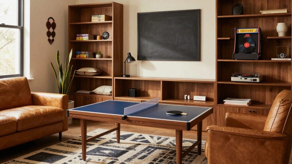 Wooden-paneled office room with a central desk converting to a ping pong table, flanked by built-in shelves holding books, a turntable, and plants, plus two leather armchairs and a black-and-white checkered sculpture.