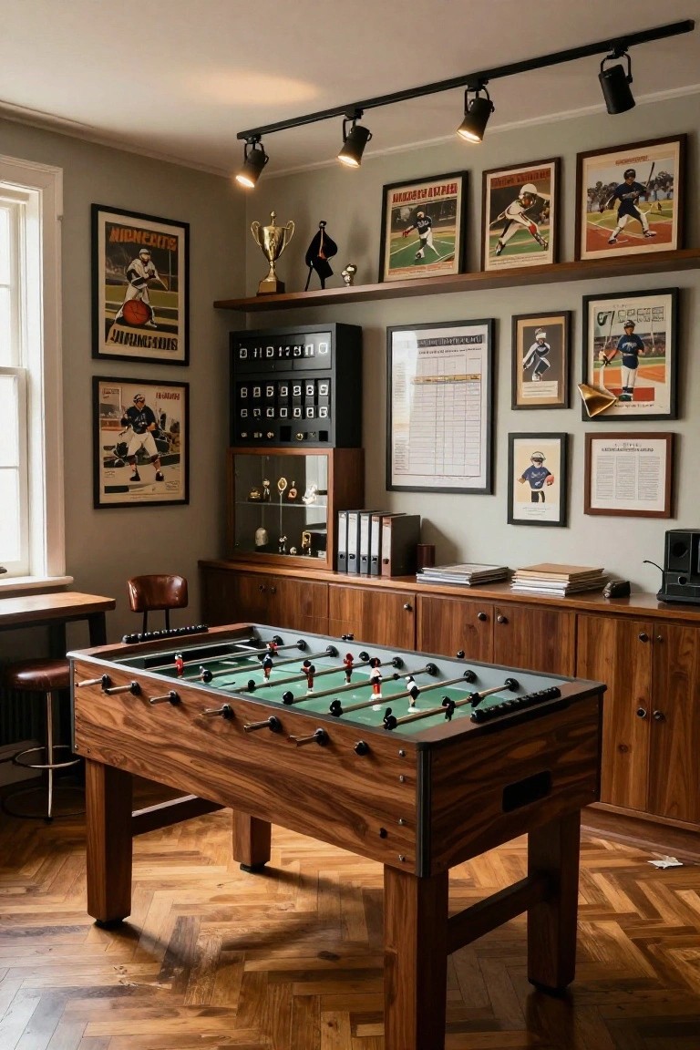 A wood-paneled home office with a central wooden foosball table, surrounded by cabinets, shelves displaying trophies, and walls covered in sports posters and memorabilia.