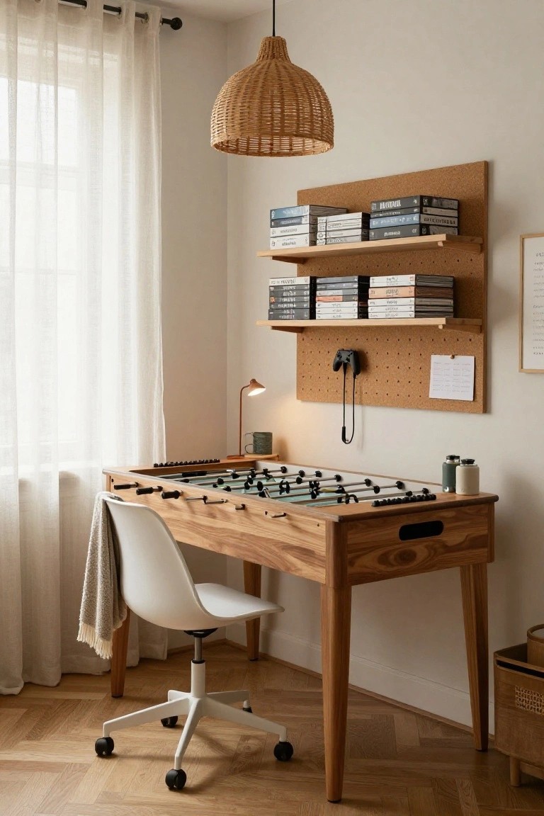 Wooden desk with built-in foosball table surface, white molded plastic chair with gray throw draped over it, corkboard wall with shelves holding books and DVDs, desk lamp, and sheer curtains in a light room with parquet floor.