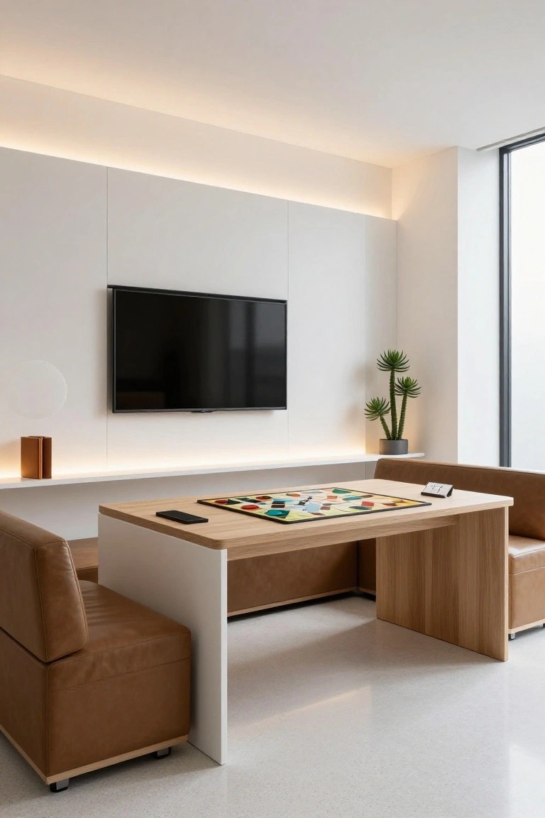 Modern minimalist room corner with light wood table topped by colorful board game and phone, flanked by tan leather benches on white and wood bases, wall-mounted black TV, potted succulent plant, and large window.