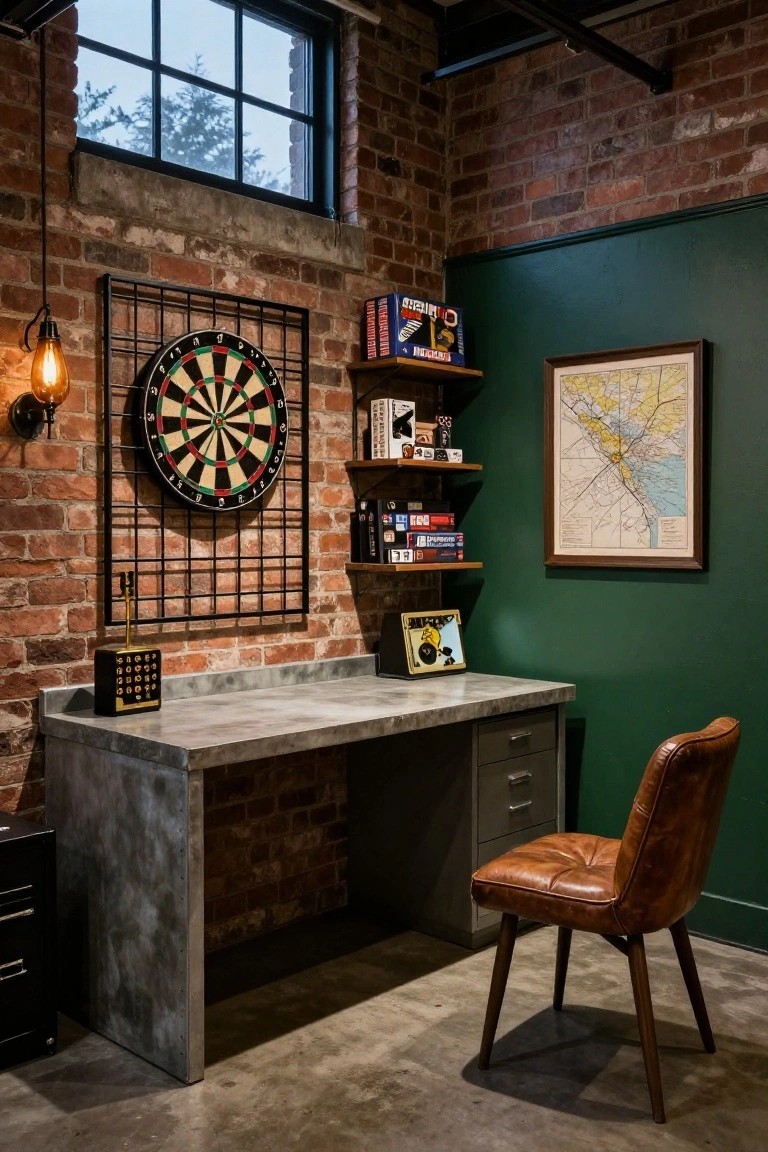 Loft-style interior room with exposed brick walls, black-framed dartboard, floating wood shelves holding board games and books, polished concrete desk with drawers, tan leather chair, and green accent wall with framed map.