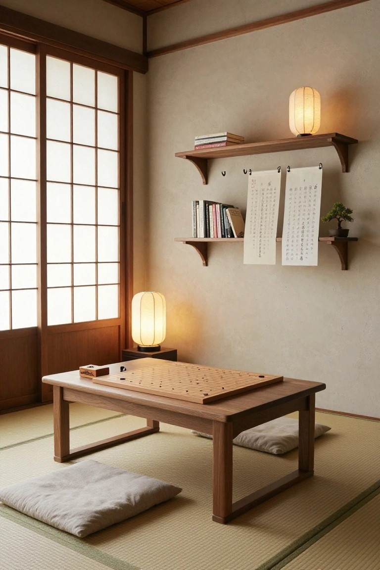 Japanese-style interior room featuring tatami mat flooring, a low wooden table with a Go board on top, zabuton cushions, wooden shelves holding books and hanging calendars, shoji screen windows, and paper lantern lights.