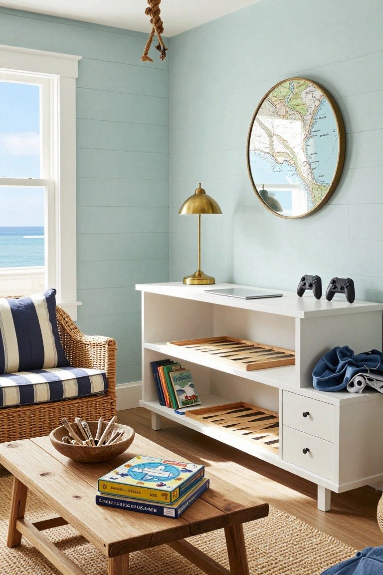 Light blue shiplap-walled interior room with ocean view window, white open shelving unit holding laptop, controllers, books, and games, wicker chair, wooden coffee table with board games and driftwood bowl, gold lamp, and round map mirror on wall.