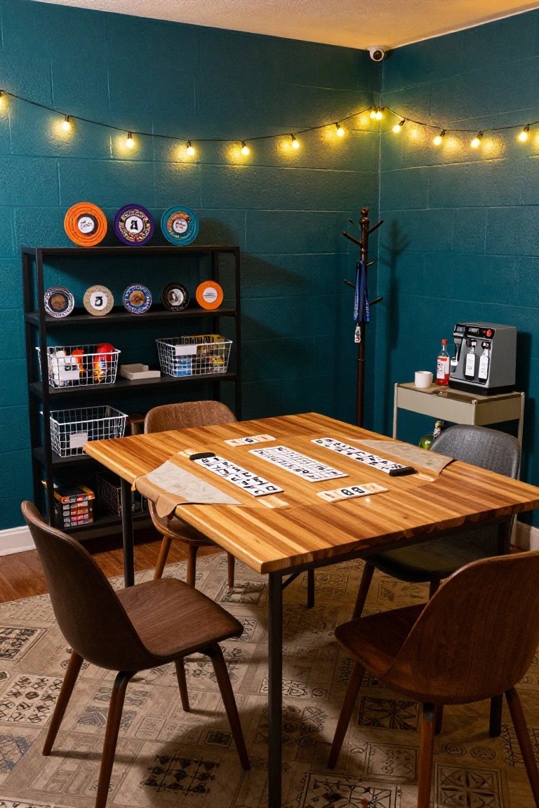 Teal-walled interior room with black open shelving unit stocked with board games and bins, wooden table set with Mahjong tiles and chairs around it, string lights on walls, coat rack, and beverage dispenser.
