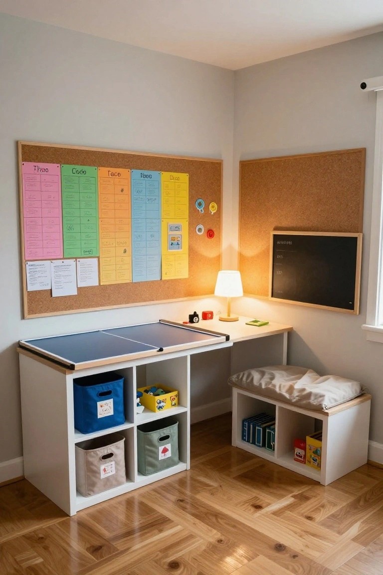White corner desk with blue ping pong table top in a light gray child's room, next to corkboards with colorful charts, a chalkboard, storage bins, and a small white bench with cushions.