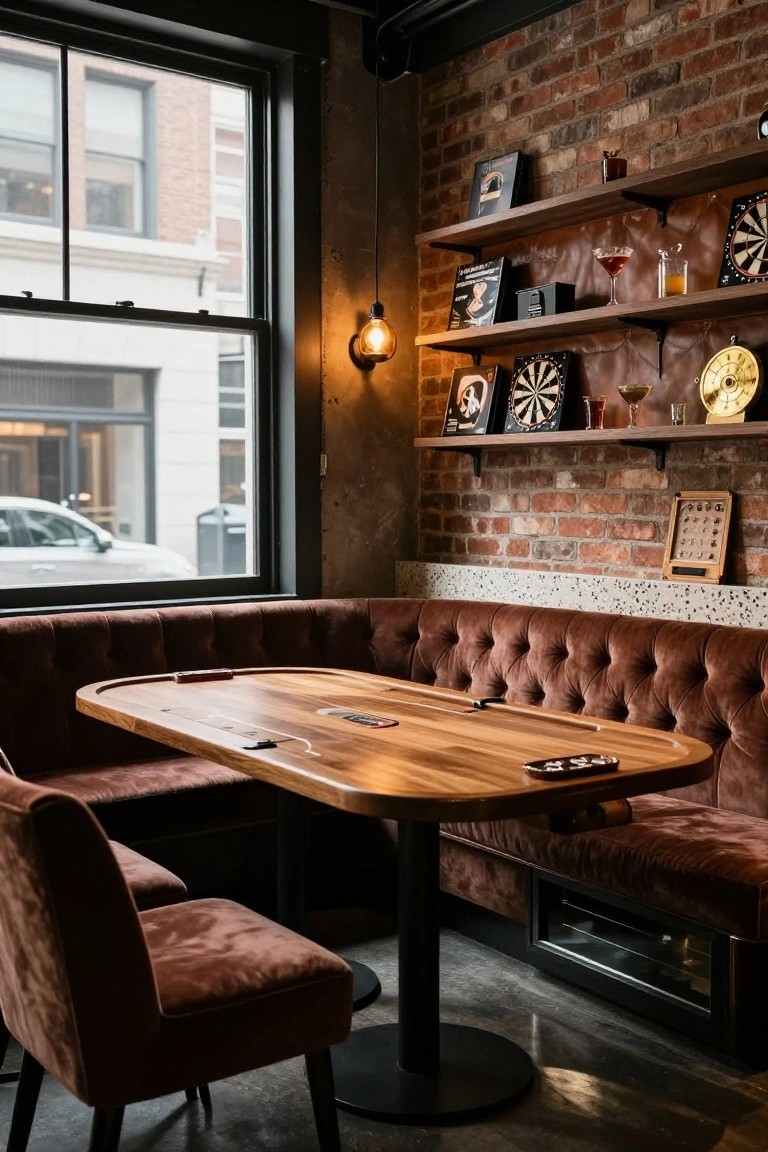 Wooden poker table with rounded edges in a tufted rust velvet booth seating area against brick walls, with shelves holding dartboards, games, glasses, and a clock, beside a large street-view window in an indoor room.
